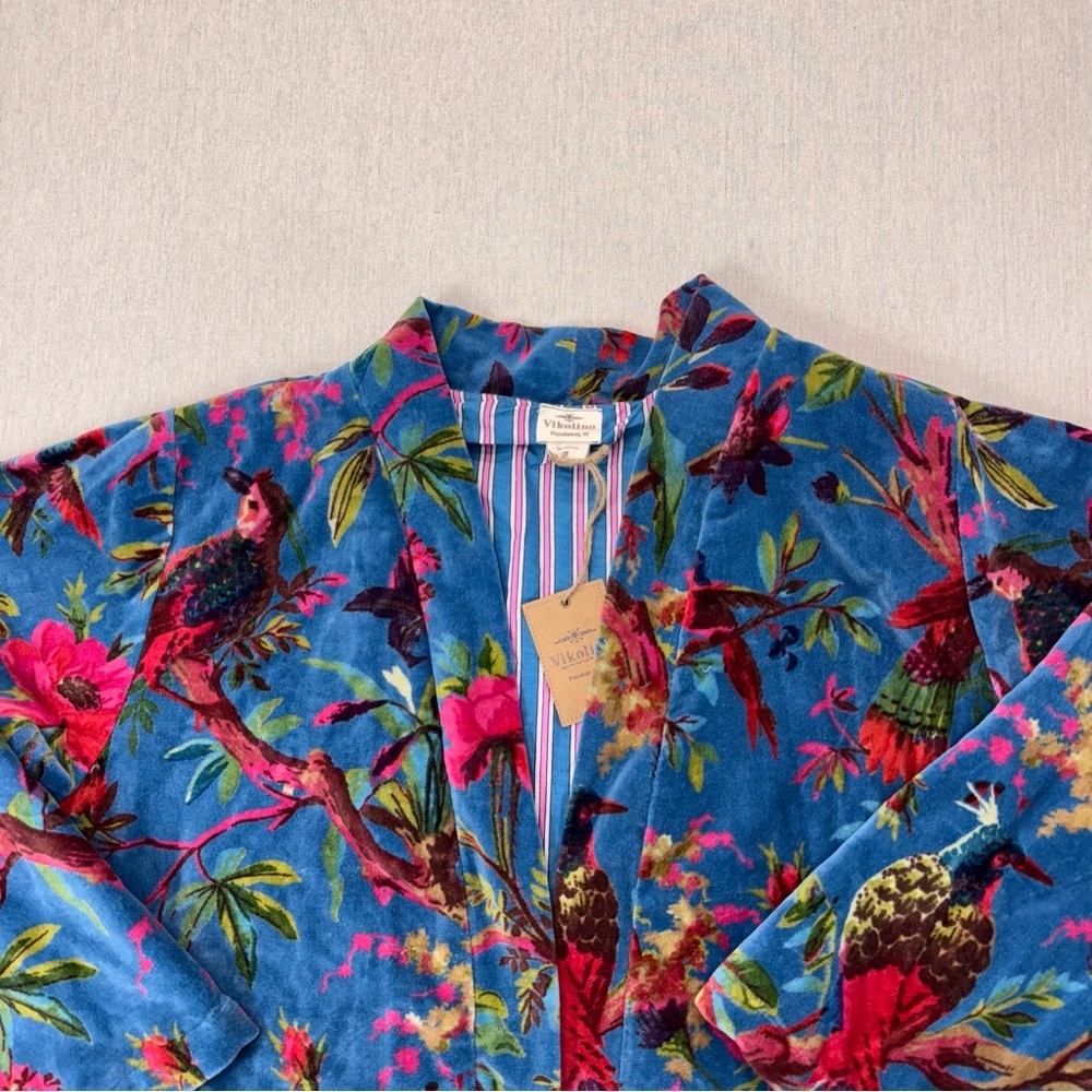 Vikolino Velvet Luxury Jacket Coat Blue Bird Printed Long Jacket Bohemian Coat - Picture 3 of 16